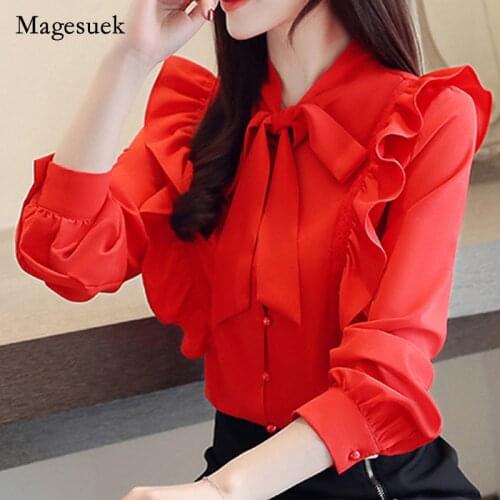 Autumn 2021 New Fashion Casual Sweet Women Blouse Solid Chiffon Women Clothing Women Tops Long Sleeve Lantern Sleeve 5305 50