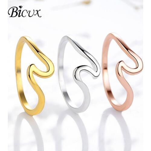 BICUX Fashion Femme Dainty Bague Jewelry Wedding Metal Geometric Simple Gold Silver Color Rose Gold Wave Rings for Women Girls
