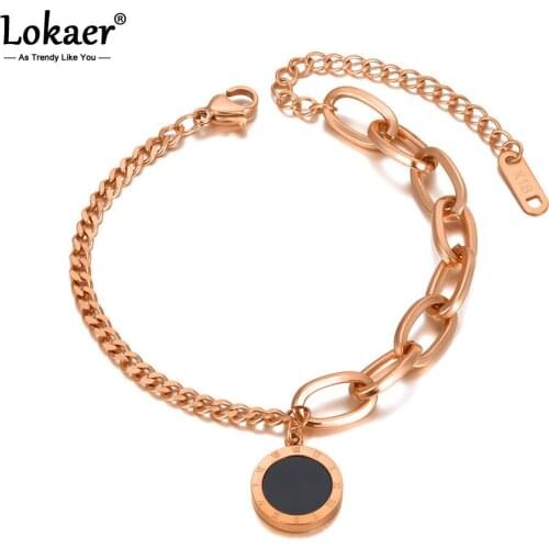 Lokaer Titanium Stainless Steel Bohemia Acrylic Chain & Link Bracelets For Women Fashion Roman Numerals Charm Bracelet B20143