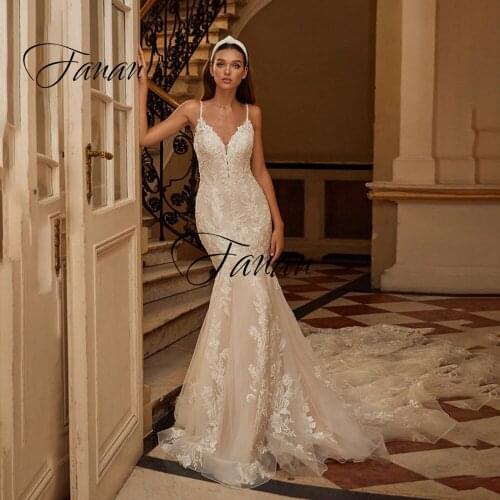 Elegant V-Neck Sleeveless Wedding Dress Spaghetti Straps Mermaid Lace Appliques Backless Bridal Gown robe de soirée de mariage