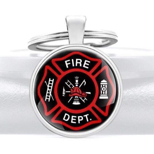 Classic Firefighter Pattern Glass Dome Key Chains Men Women Fireman Key Ring Jewelry Gifts