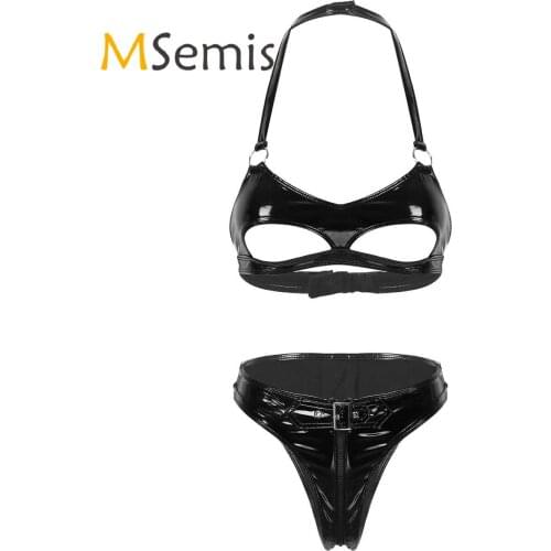 2Pcs Womens Wet Look Leather Lingerie Set Halter Neck Cut Out Cups Bra Top with High Cut Legs Zippered Crotch Briefs Underwear