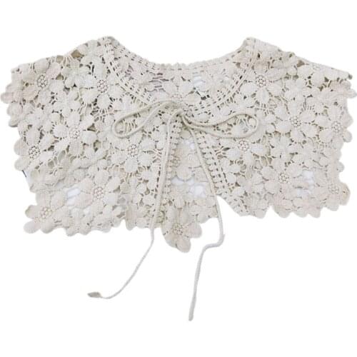Korean Women Asymmetric Cotton Fake Collar Shawl Wrap Solid Color Hollow Out Floral Lace Necklace Scarf Crochet Knit Decorative