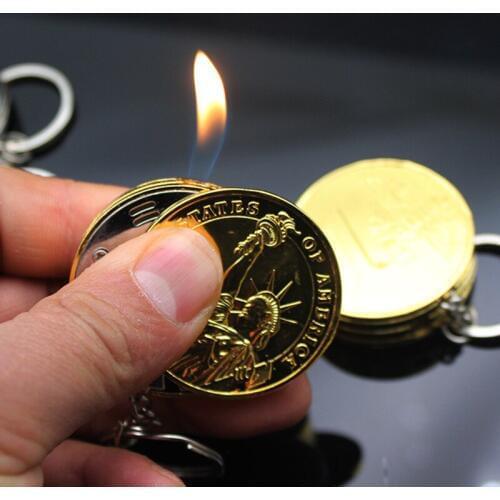 Metal Free Fire Keychain Torch Lighter Creative Compact Butane Gas Unusual Lighter Inflated Jet Pendant Coin Bar One Dollar Gift