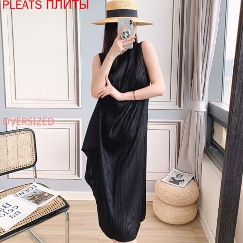 Miyake Classic Pleated Dress Summer New Korean Style Design Round Neck Temperament Mid-length Dress PLEATS Vestido De Mujer Robe