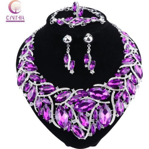 2017 Fashion Purple Rhinestones Crystal Statement Necklace Bridal Jewelry Sets Decoration Necklaces Jewellery Gifts for Women