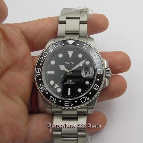 40mm PARNIS BLACK dial Sapphire glass Ceramic bezel GMT automatic men watch 119