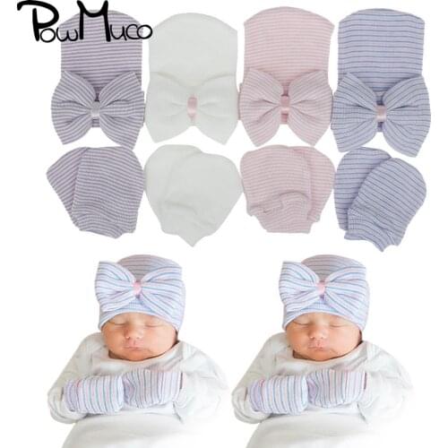 Powmuco Stripe Knitted Hat and Glove Set Fashion Handmade Bowknot Baby Girls Caps Autumn and Winter Warm Headwear Kids Accessory