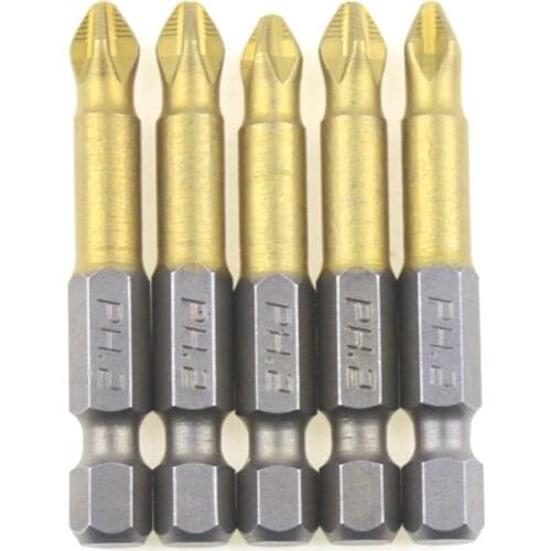 5Pcs 1/4 Inch Hex Shank Titanium Coated Anti Slip PH2 Screwdriver Bits Set Phillips Electric Screwdriver Power Tools 50mm