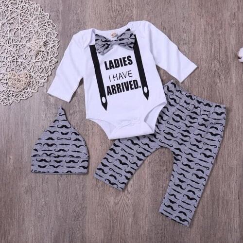 2019 New Three-piece suit Baby Boy Clothes Set Letter Clothes Toddler Infant Romper Pants Hat Set Bow Tie Beard Suit