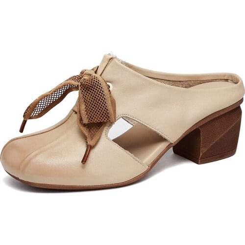 2021 Summer New High Quality Leather Thick Heel Sandals Slippers Bows Hand-stitched High-heeled Womens Baotou Sandals