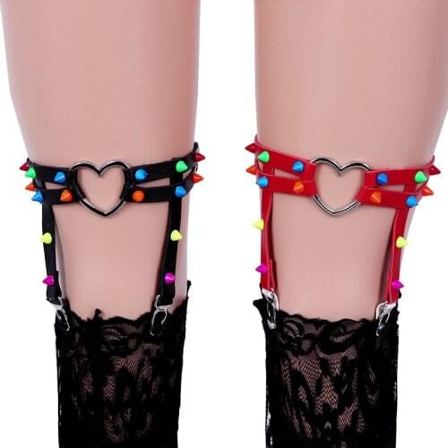 Newest Womens Sexy Harajuku Elasticity Harness Heart Leg Chain Garter Belts Cosplay Spike Rivet Punk Thigh Ring Bondage Straps