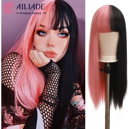 AILIADE Synthetic Long Straight Wigs Bangs Cosplay Wigs For Women Black Pink Red Party Lolita False Hair Wigs