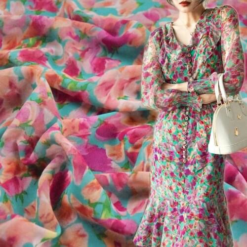 Half Meter Green Red Flower Print High Grade Chiffon Fabric For Dress Cheongsam Ladys Garment Sewing Tissue T1669