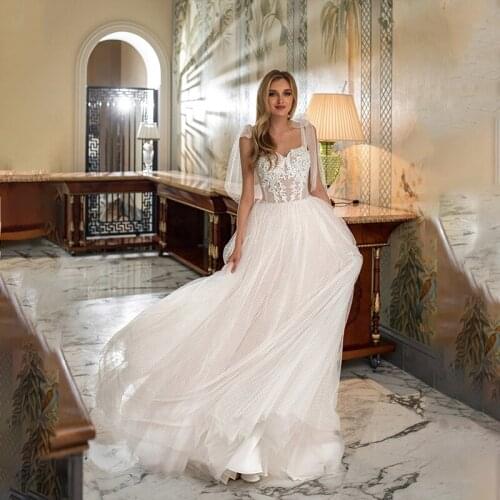 Popular Spaghetti Straps Sweetheart Applique See Through Point Tulle Wedding Gown robes de mariage
