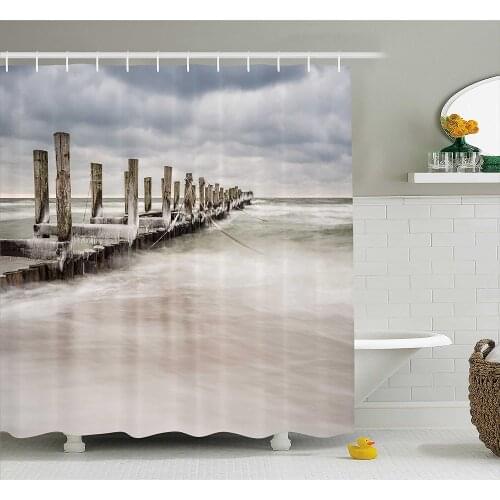 Coastal Shower Curtain Groyne in Zingst Germany Idyllic Scenery Frosty Country Winter Seashore Bathroom Waterproof Curtains
