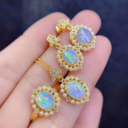 Luxury Female Oval Opal Jewelry Set Charm Gold Color Dangle Earring For Women Dainty Crystal Pearl Wedding Ring Chain Necklace
