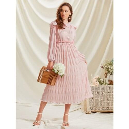 2021 Spring Summer Chiffon Long Dress Sweet Lantern Sleeve Pink Dress Party Elegant Dress Mid-Calf