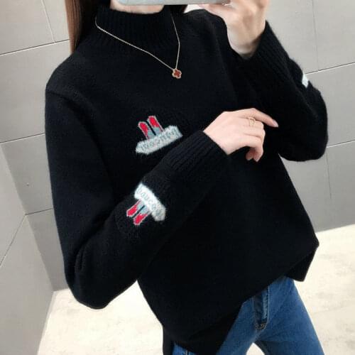 Womens Sweaters Winter Fashion 2021 New Stitching Half High Neck Long Sleeve Pullover All-Match Short Loose Knitted Sweater