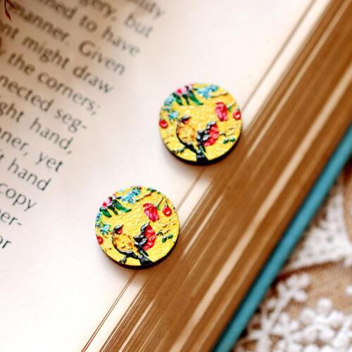 Unique 3D Bird Embossed 16mm Round Coloured Drawing pattern Laser Cut wood Cabochon DIY for Rings, Earring,Brooch,Necklace-318