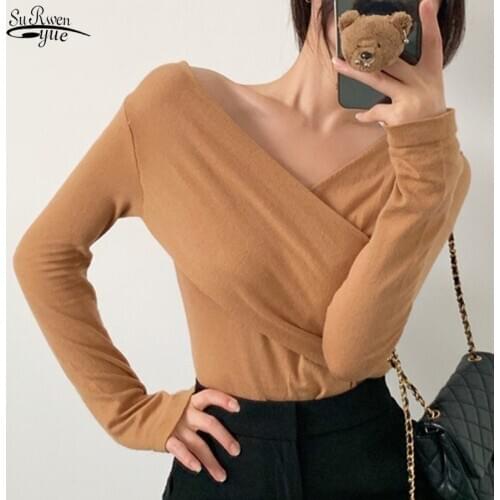 Spring New Short Sexy Tops Long Sleeve Women Shirt Blouse Casual Solid Shirt Tops V-Neck Cross Knit Blouses Fashion Blusa 12680