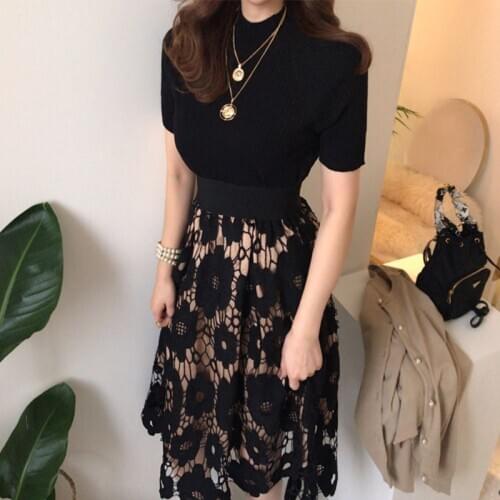 VICONE 2pcs vintage French hollow out lace flower skirts knitting Tops two-piece