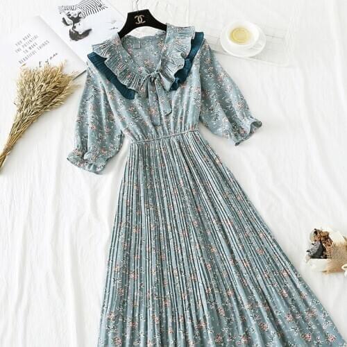 Vintage Floral Chiffon Dresses 2020 New Fashion Short Sleeve Elastic Waist Print Dress Slim Elegant Long Dress Lady clothing