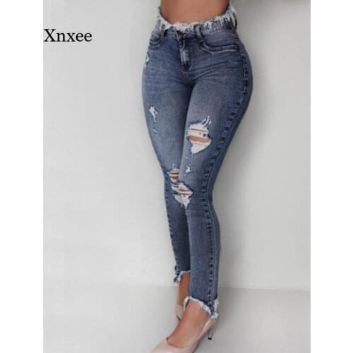 Womens Jeans Slim Fit Ripped Holes Long Frayed Edges Fashion Sexy Washed Regular Pants Womens High Waist Pants