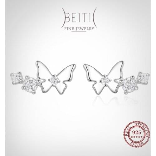 Beitil Real 925 Sterling Silver Dazzling CZ Butterfly Insect Stud Earring For Women Wedding Engagement Korean Style Jewelry Gift