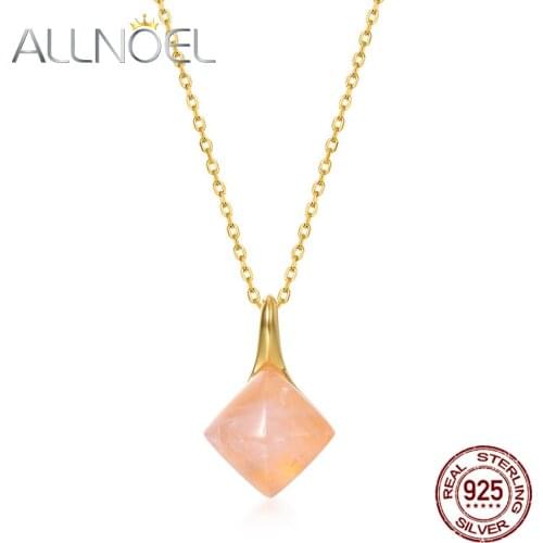 ALLNOEL Solid Sterling Sliver 925 Womens Pendant Natural Flower Rose Quartz Gold Plated Necklace Anniversary Women Jewelry Gift