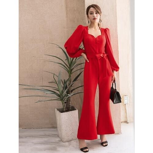 YIGELILA Fashion Women Red Flare Jumpsuit Office Lady Lantern Sleeve Jumpsuit With Belt Solid Boot Cut Jumpsuit 5987