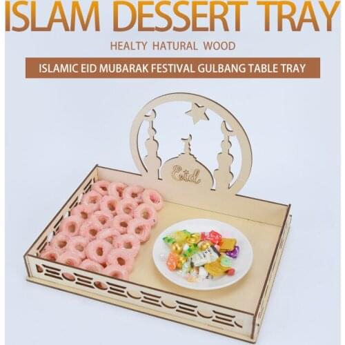 1Pcs Eid Mubarak Tray Wooden Dessert Tray EID MUBARAK Table Decorations Crafts for Home Lslamic Muslim Supplies EID AI Adha