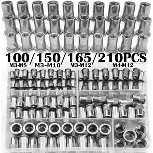 100/150/165/210pcs M3-M12 aluminum Multi Flat Head Metric Thread Blind Rivet Nut Insert Rivnut Nutsert Screw