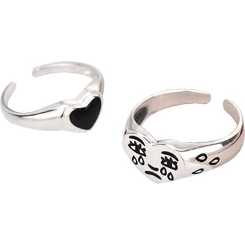 2Pcs Korean Fashion Crying Face Heart Rings Vintage Open Adjustable Ring Special Resizable Rings Band Kit Jewelry