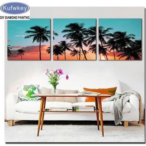 5D Diamond Mosaic Diamond Painting 3 Panel sea beach tree Cross Stitch Kits DIY Diamond Embroidery Pattern Rhinestone Triptych