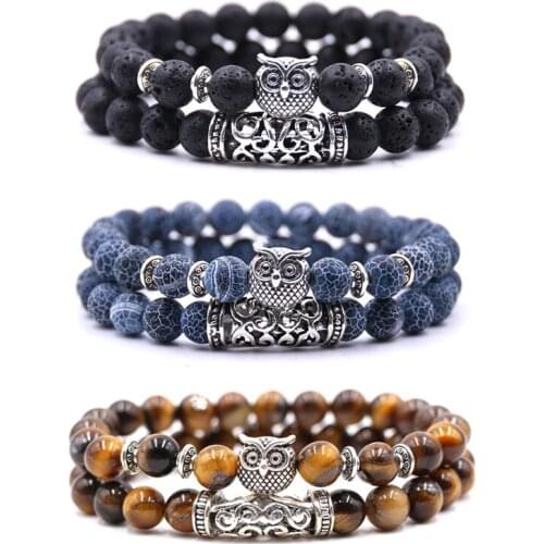 Black Lava Tiger Eye Weathered Stone Bracelets Bangles Classic Owl Beaded Natural Charm Bracelet for Women and Men Yoga Jewelry