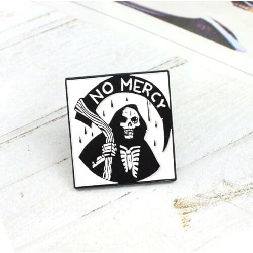 NO MERCY Skeleton Enamel Brooch Black Robe Devil Scythe Death Magic Hell God Gothic Badge Leather Denim Lapel Pin Punk Jewelry