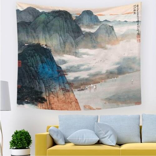 Tapestry Wall Hanging Asian Chinese Landscape Oriental Style Ink Watercolor Mountain Trees Black Print Bedroom Living Room Decor