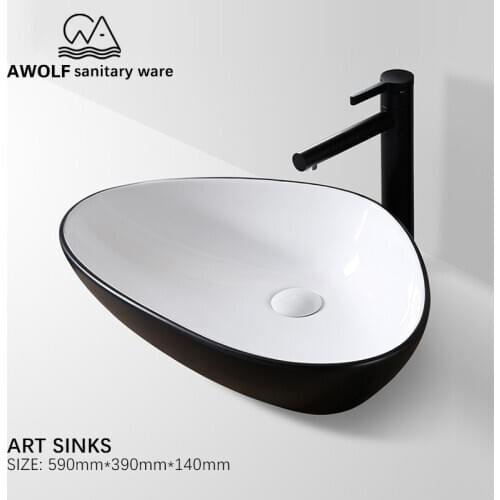 Art Bathroom Sinks 590*390*140mm Washing Basin Bowl Matte Black White Ceramic Vessel Counter Top Modern Lavatary Sink AM907