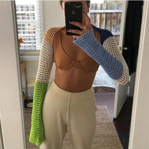 Women’s Spring Autumn Casual Long Sleeve Cardigan Fashion Contrast Color Short Style Knitted Hollow Crop Tops