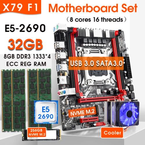 X79 Motherboard Set E5 2690 CPU 4 x 8GB = 32GB 1333Mhz DDR3 ECC REC COOLER Kit SATA3.0 USB3.0 and 256GB NVMe M.2 SSD