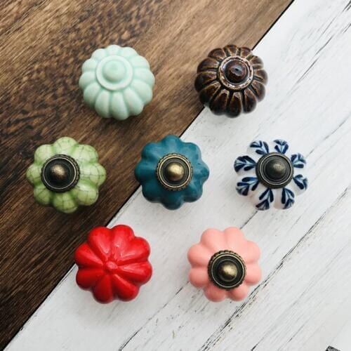 Set of 8 Multi-Pattern Ceramic Pumpkin Knobs Retro Cabinet Drawer Handles Pulls for Kitchen Furniture Cabinet Wardrobe Door Knob