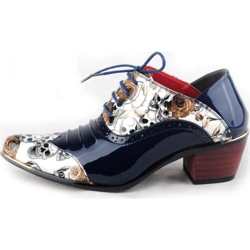 New Fashion Mid Heel Patent Leather Pointed Oxfords Shoes Men Skull Pattern Party W Shoes Mens Dress Shoes