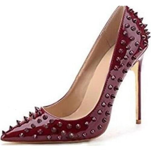 Full Rivets Patent Leather High Heel Sexy Metal Studs Pointed Toe Woman Spikes Pumps Ladies Bridal Dress Party Heels 12 cm Shoes