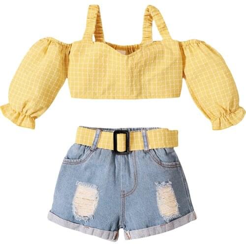 1-5Y Toddler Kids Girls Clothes Sets 2pcs Cold Shoulder Plaid Printed T Shirts Tops + Denim Belt Shorts Outfits