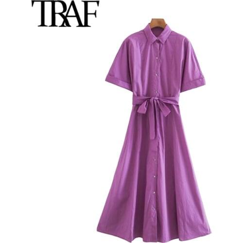 TRAF Women Chic Fashion With Belt Button-up Loose Midi Shirt Dress Vintage Short Turn-up Sleeves Female Dresses Mujer
