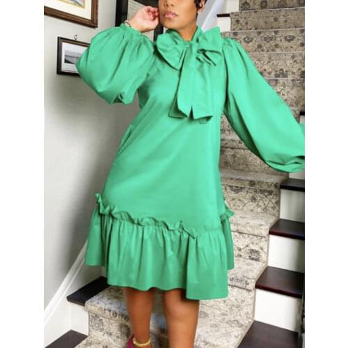 Women Loose Dresses With Bowtiw Scarf O Neck Long Lantern Sleeves Ruffles Pleated African Large Size Lady Female Vestidos Robes