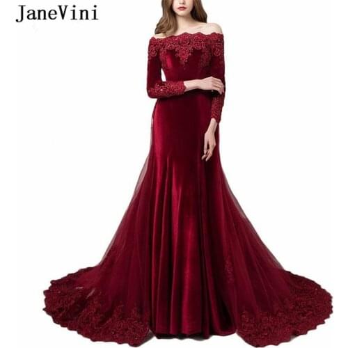 JaneVini Luxury Arabic Burgundy Evening Dresses with Detachable Train Long Sleeves Appliques Beaded Mermaid Velvet Evening Gowns