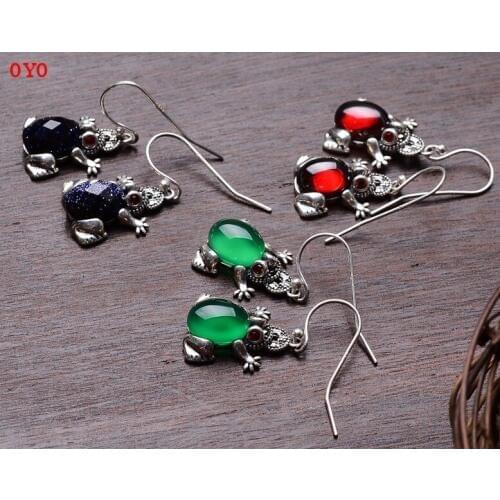 S925 gold enamel earrings womens models set with red zircon green chalcedony blue sandstone earrings