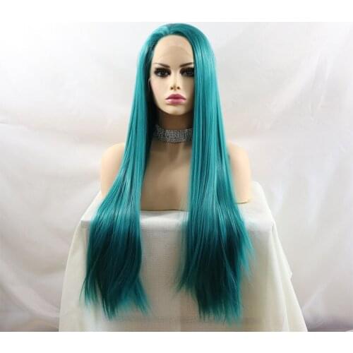 Synthetic Lace Front Wigs Heat Resistant Fiber Green Straight Lace Wigs Soft Straight Hair Free Part Wig For Fshion Women 24Inch